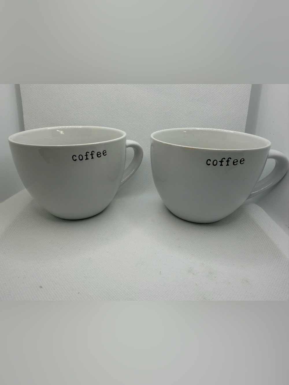 Crate & Barrel Set Of Two 20oz White Mugs Embossed/Stamped w/ TYPEWRITER COFFEE